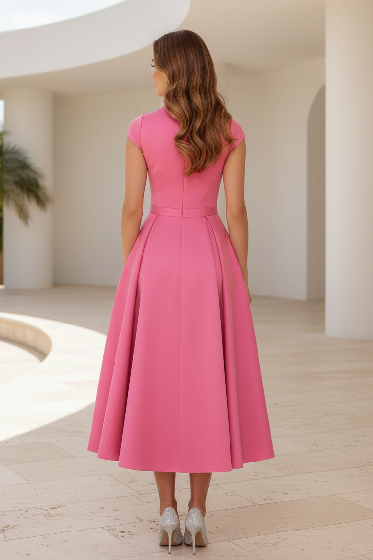 Vestido midi de corte A con cuello alto y lazo, con bolsillos