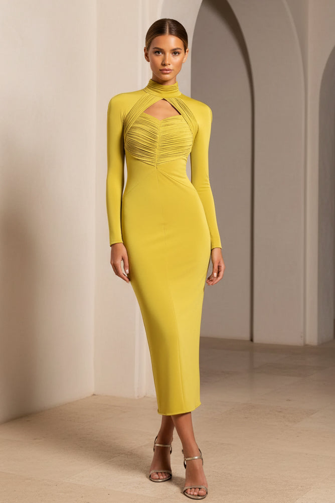 Vestido Midi Ajustado de Manga Larga con Cuello Alto y Abertura