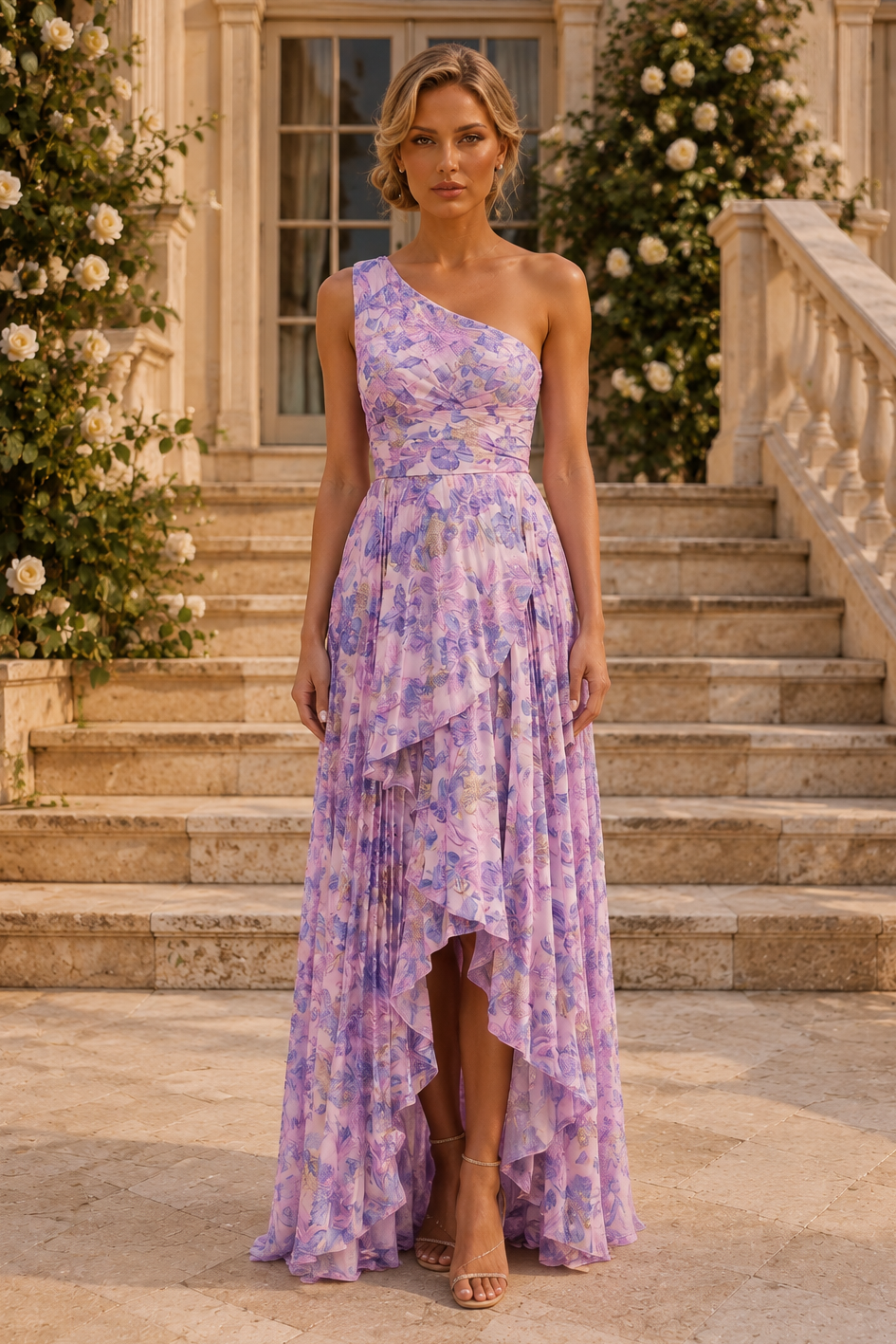 Vestido largo asimétrico floral de un solo hombro
