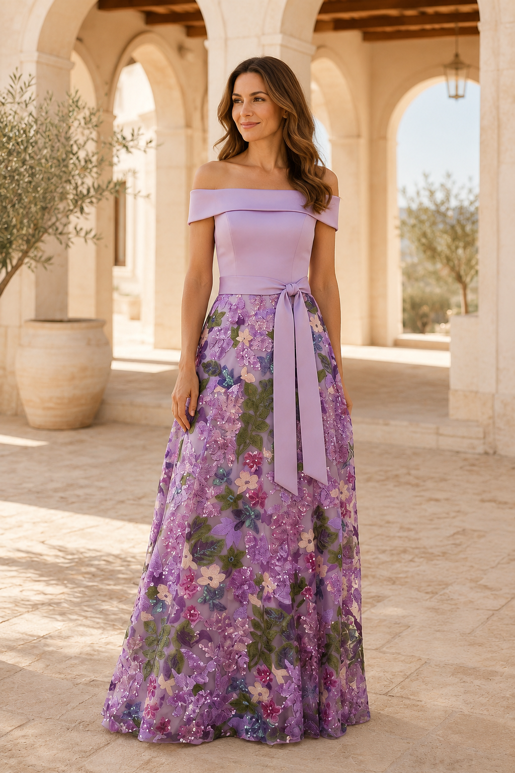 Vestido de Noche A-Line con Lentejuelas Florales y Hombros Descubiertos