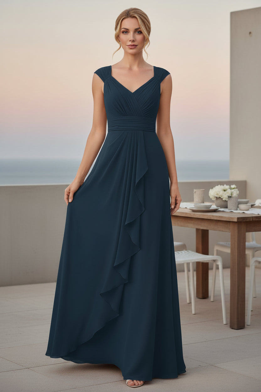 Vestido de Noche de Gasa con Cuello en V, Corte Evasé y Volantes