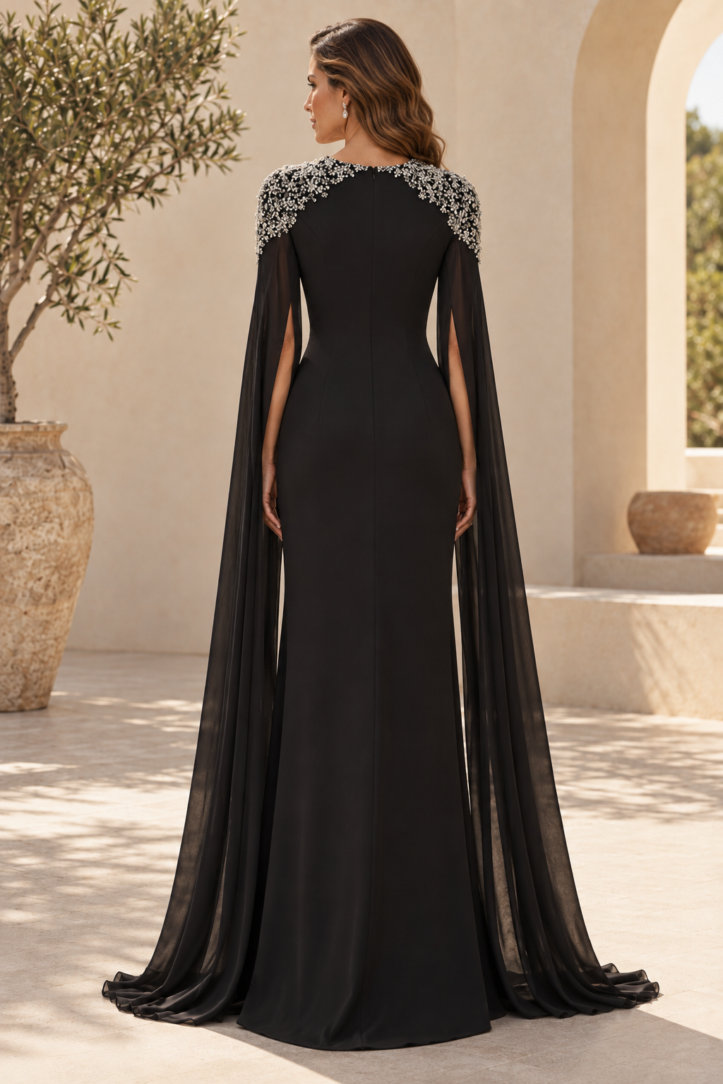 Embellished Cape Sleeve Floor-Length Evening Gown