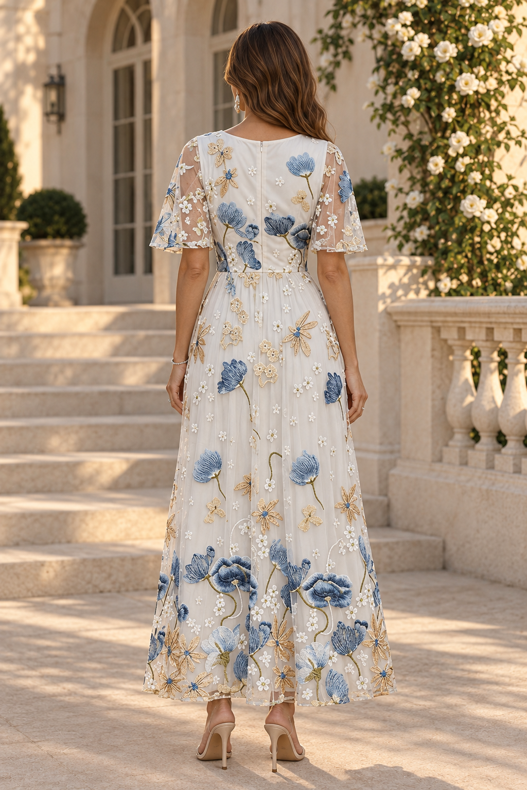 Vestido maxi acampanado con mangas de volantes y bordados florales