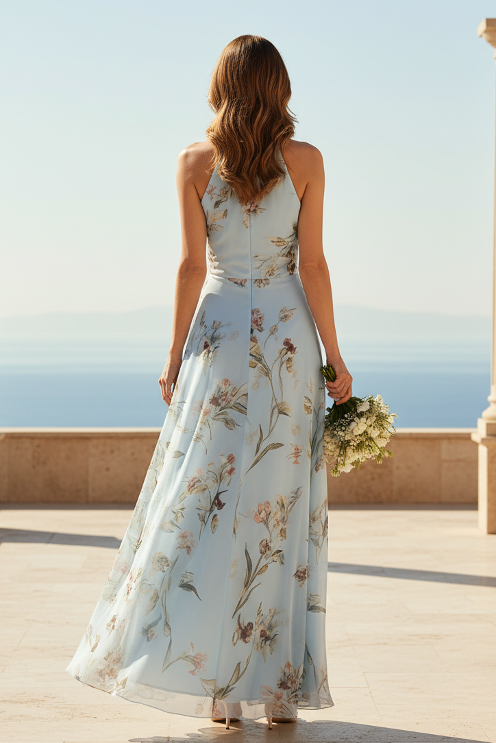 Vestido Maxi de Gasa con Cuello Halter Floral