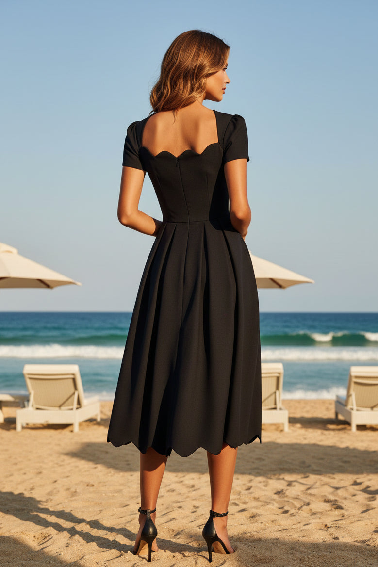 Elegante vestido midi de línea A con festones y bolsillos