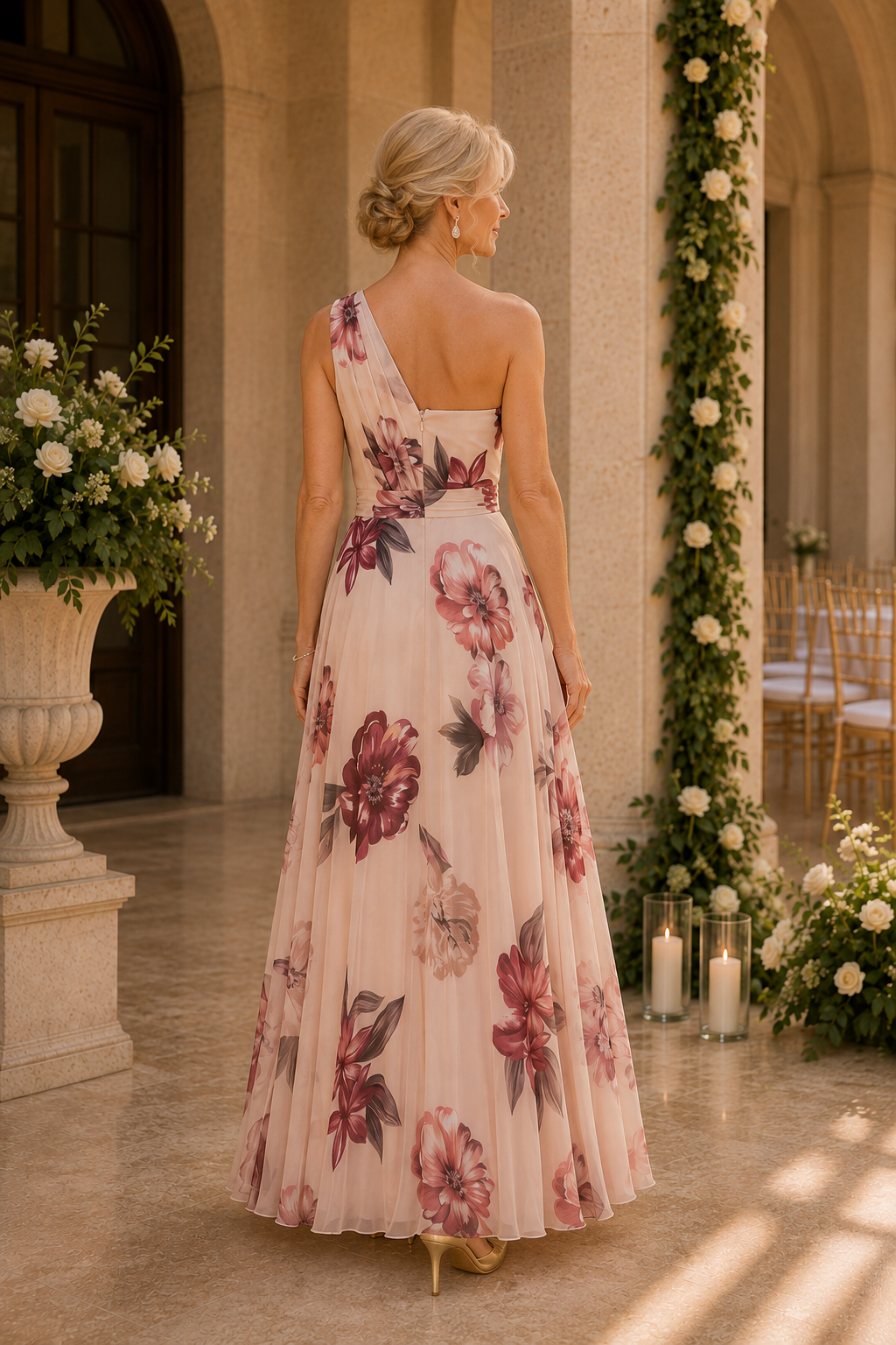 Vestido largo acampanado con estampado floral y un solo hombro