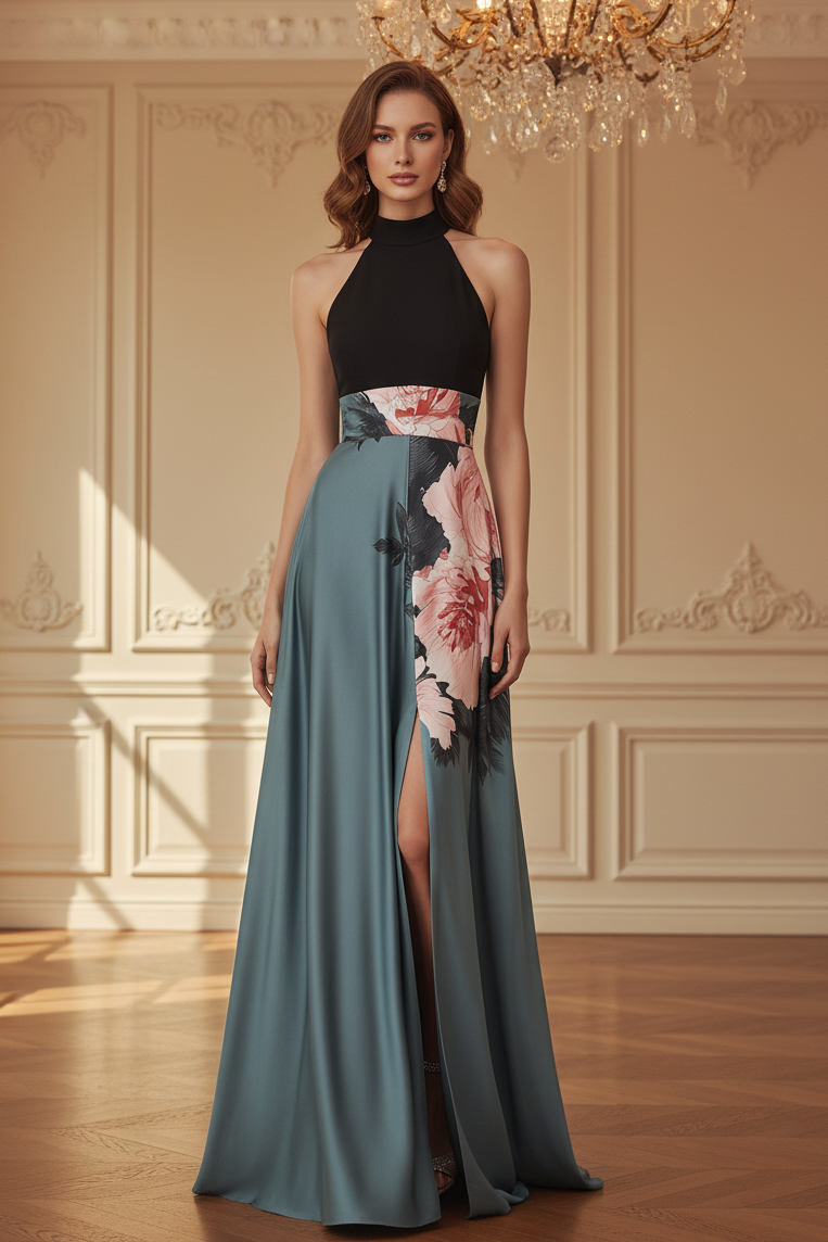 Vestido de Noche Acampanado con Cuello Halter Floral y Abertura