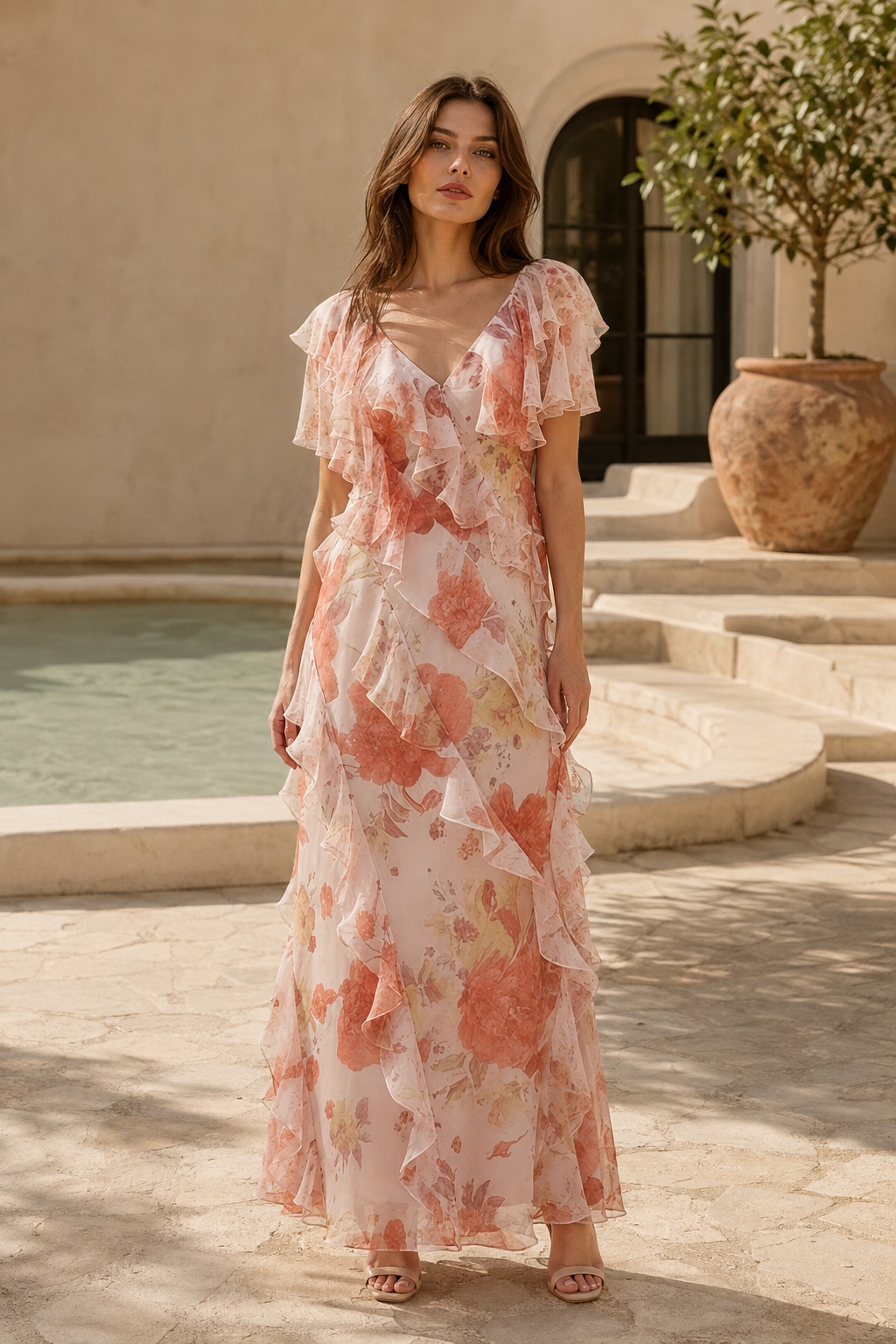 Maxivestido con estampado floral, volantes y escote en V