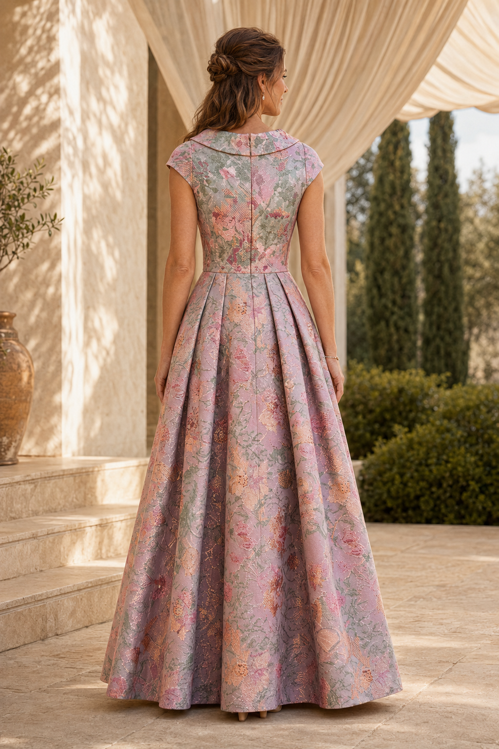 Vestido de Noche Acampanado con Pliegues, Mangas Cortas y Jacquard Floral