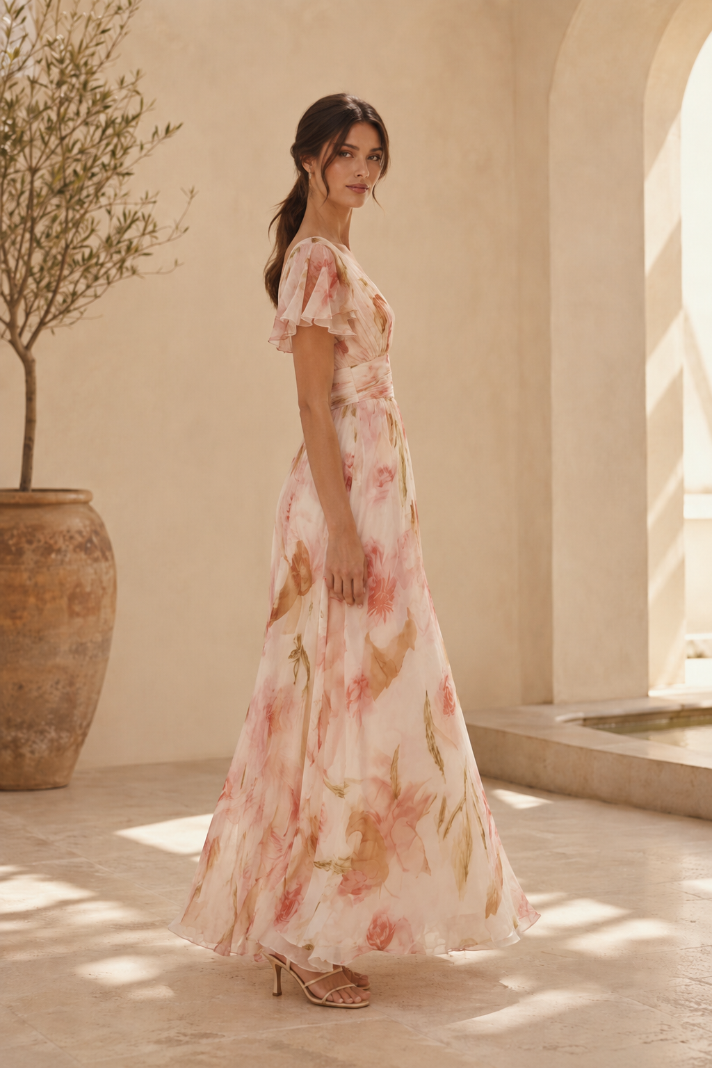 Vestido largo con escote en V, estampado floral y mangas con volantes