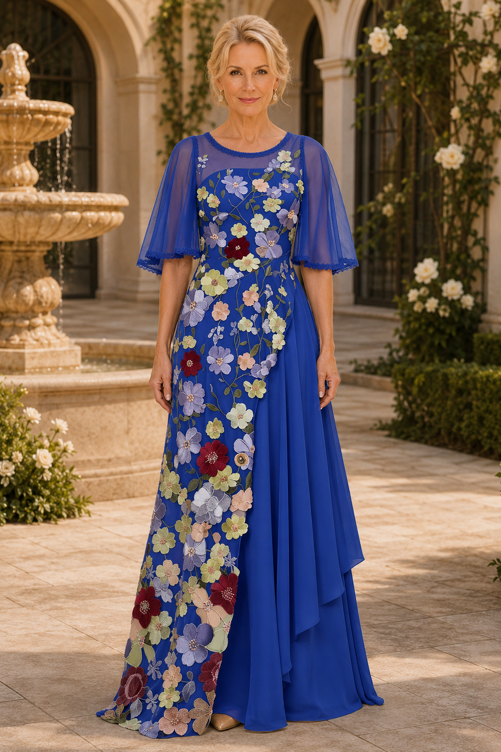 Vestido ilusión floral bordado con mangas de mariposa