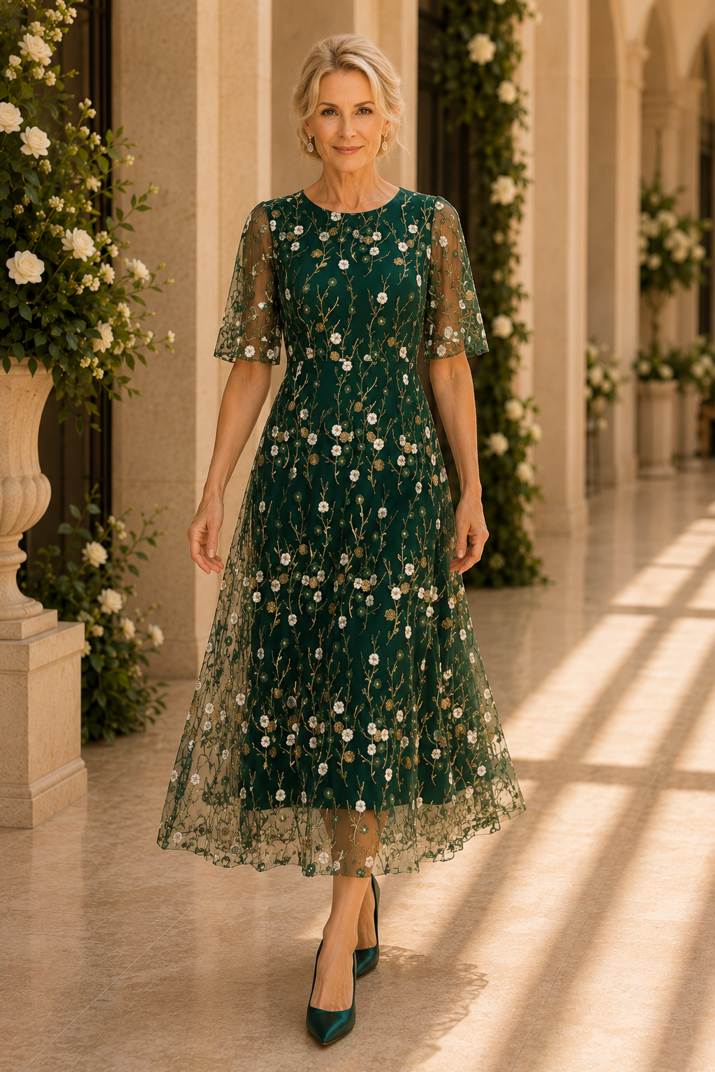 Vestido midi con bordado floral y mangas con volantes