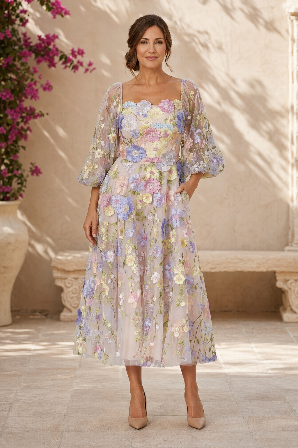 Vestido midi floral con apliques 3D y mangas abullonadas