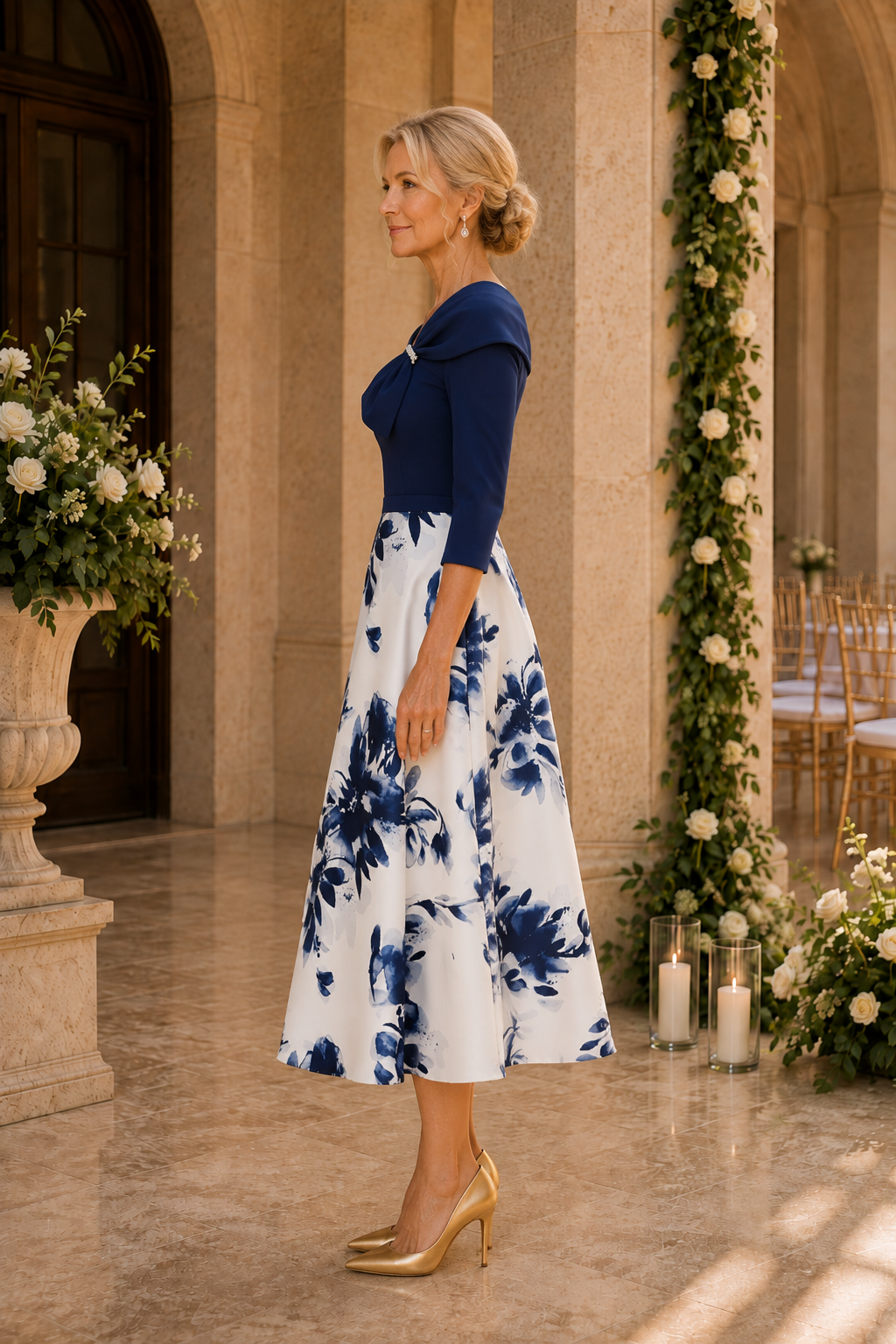 Vestido midi acampanado floral con lazo asimétrico