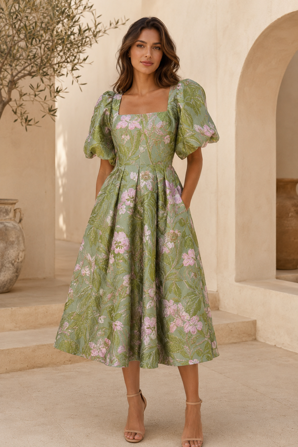 Vestido midi de jacquard floral con mangas abullonadas y bolsillos