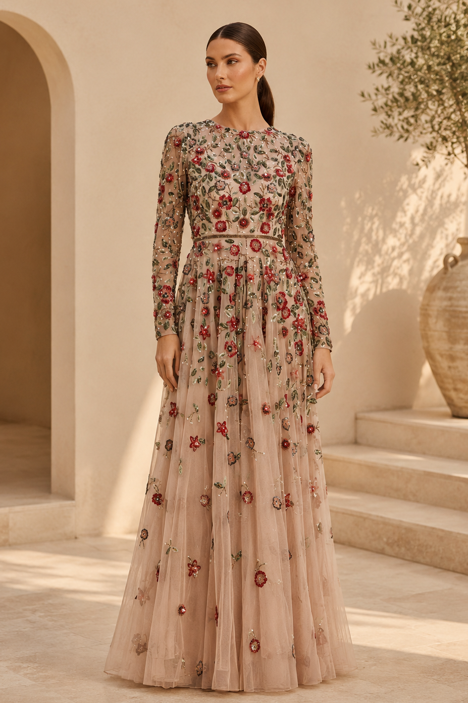 Vestido largo con ilusión de mangas largas y línea A con bordado floral