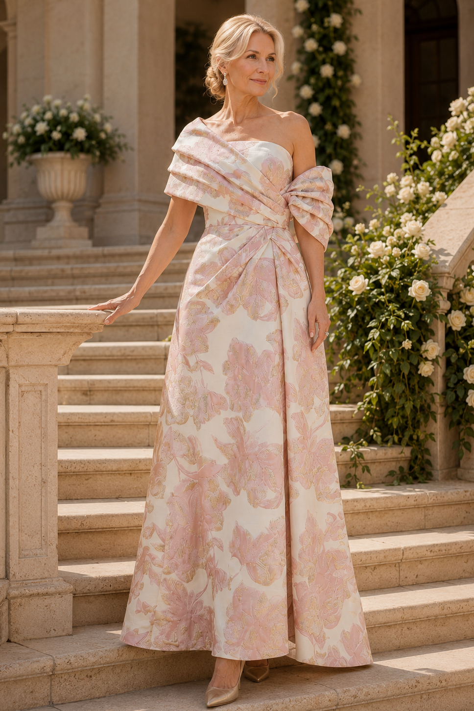 Vestido de noche plisado de jacquard con un solo hombro y corte en A