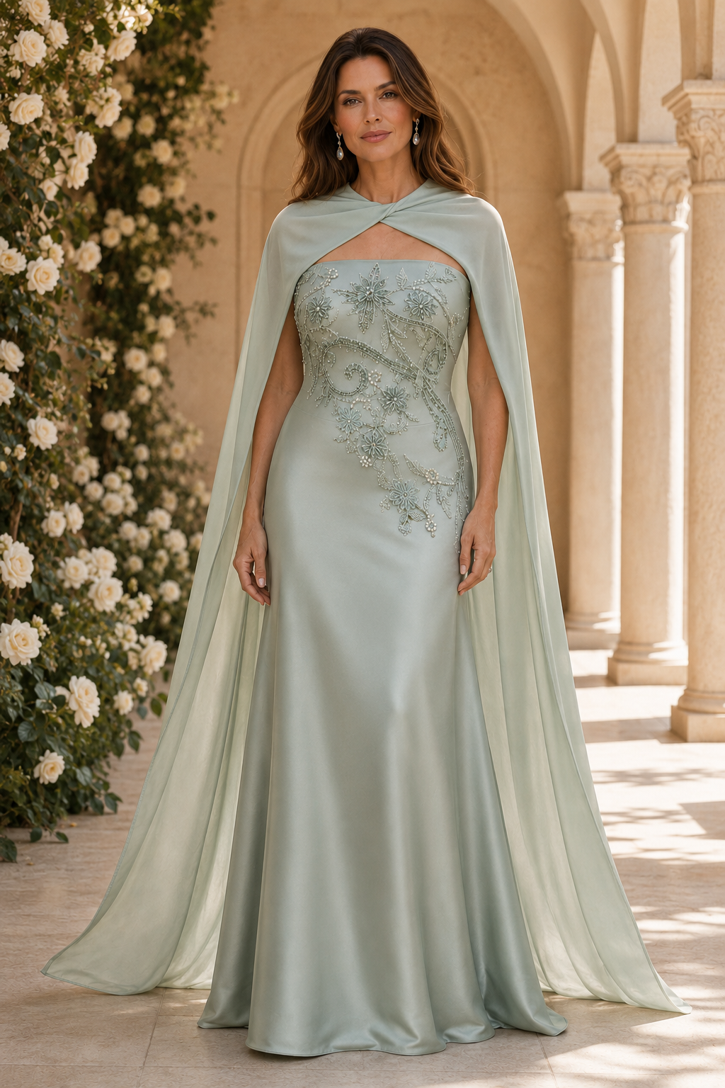 Vestido Strapless Bordado con Capa de Gasa