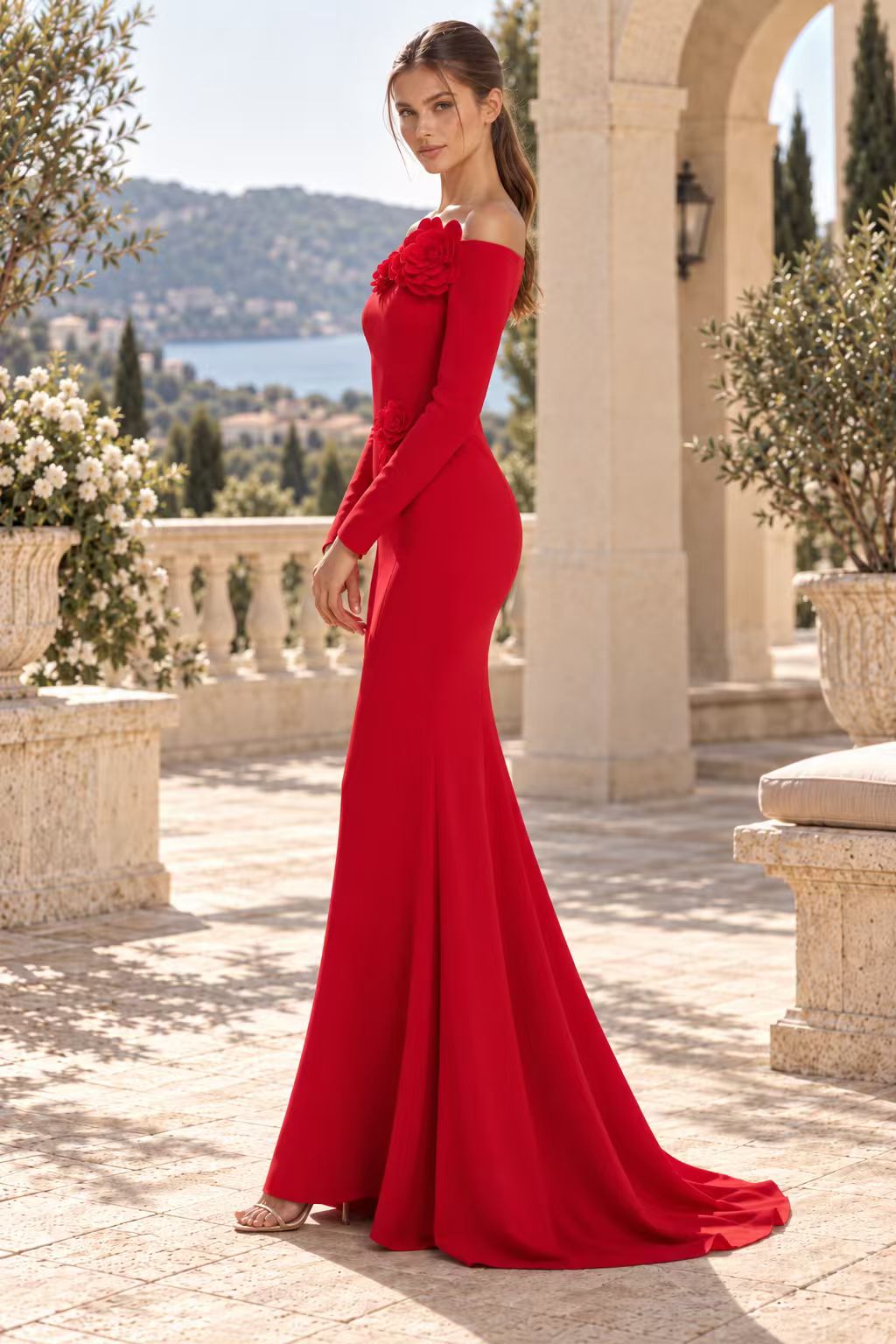 Off-the-Shoulder 3D Floral Mermaid Gown
