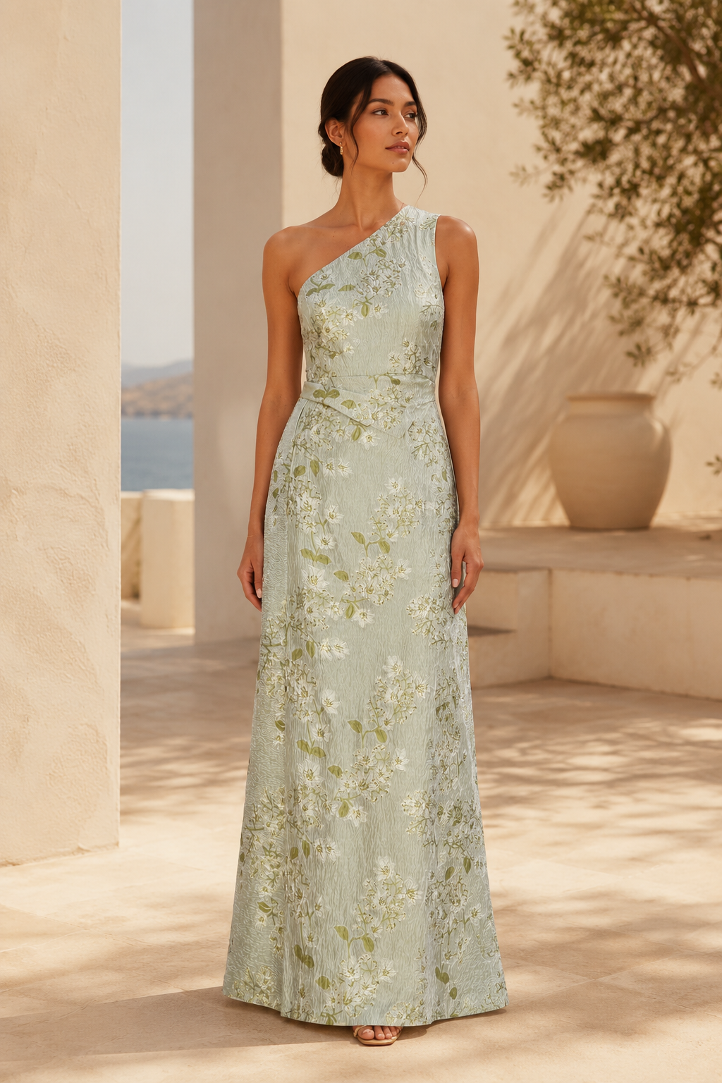 Vestido de noche acampanado de jacquard floral con un solo hombro