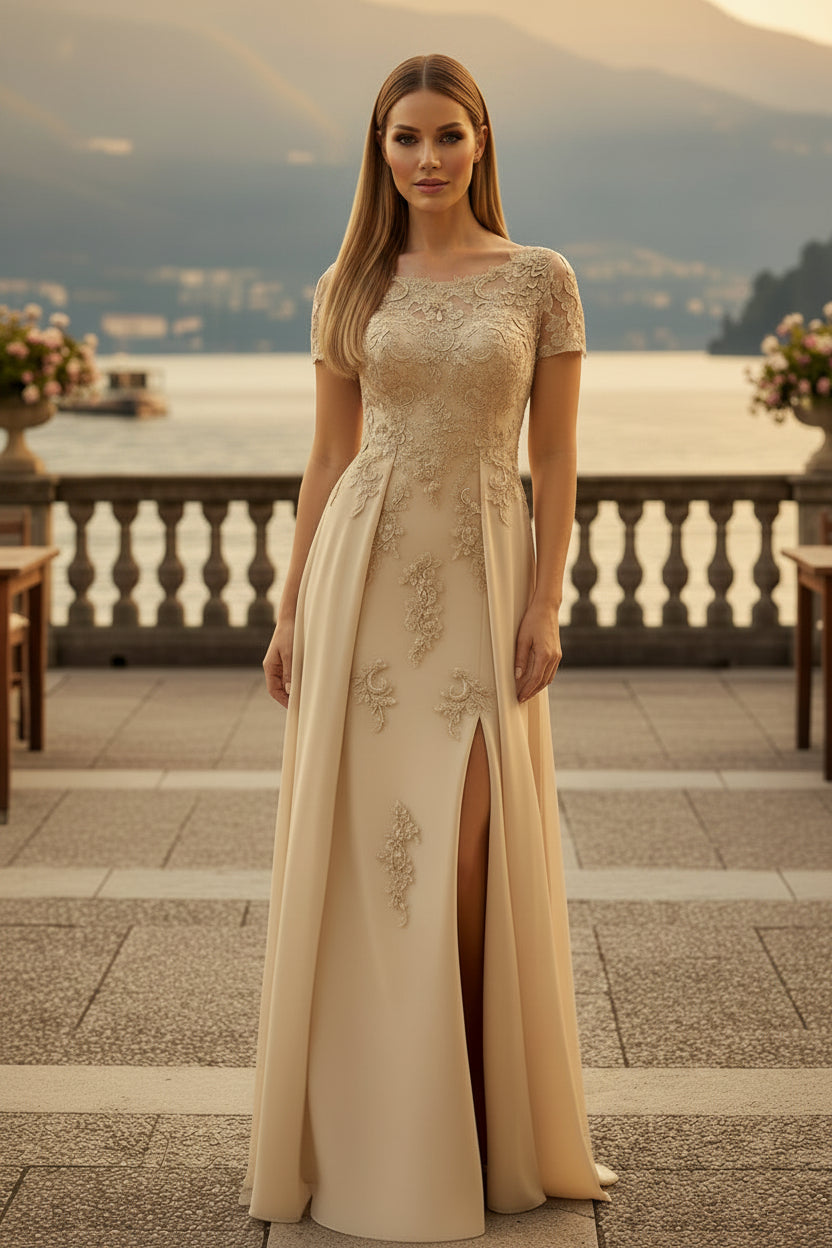 Elegante Vestido de Noche Acampanado con Abertura y Aplicaciones de Encaje