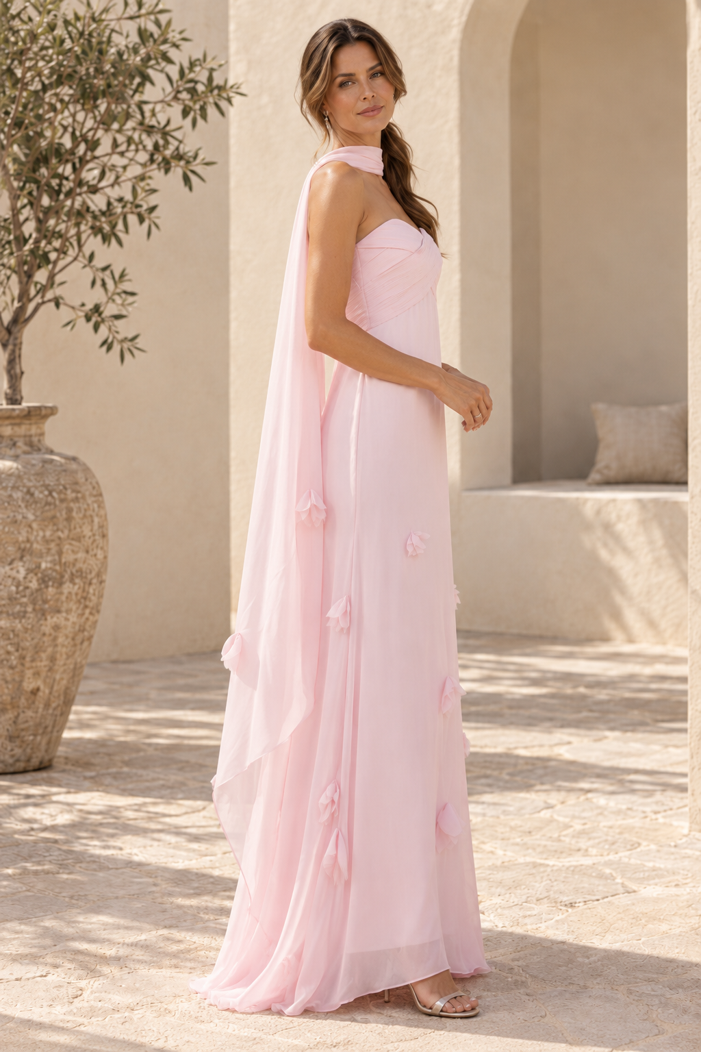 Strapless Chiffon Maxi Dress with Matching Scarf