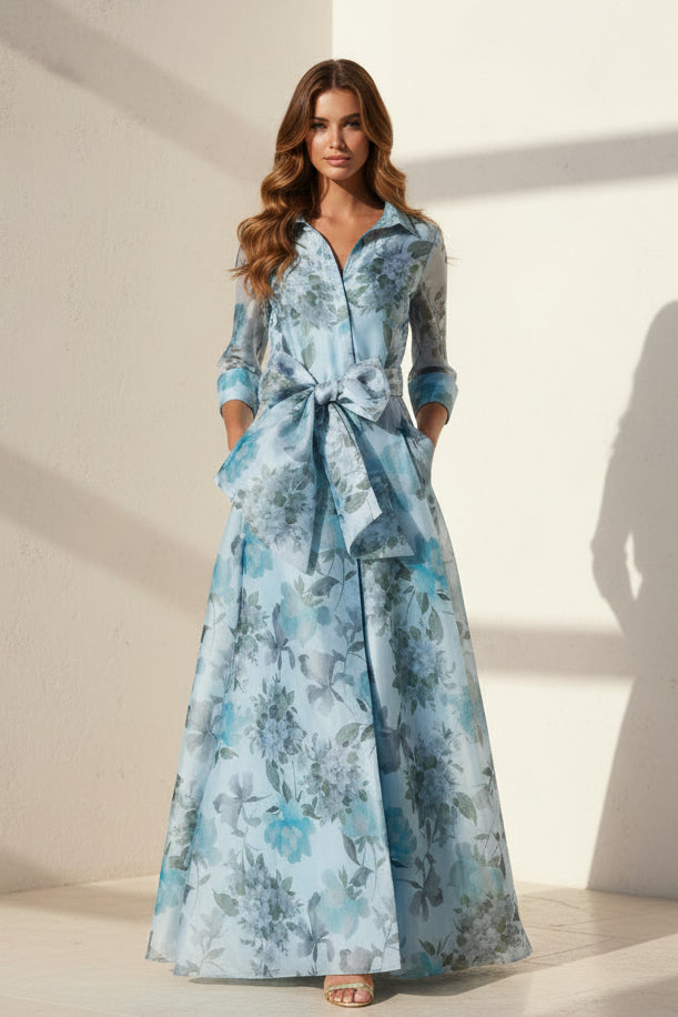 Vestido largo de organza estilo camisa con estampado floral y lazo