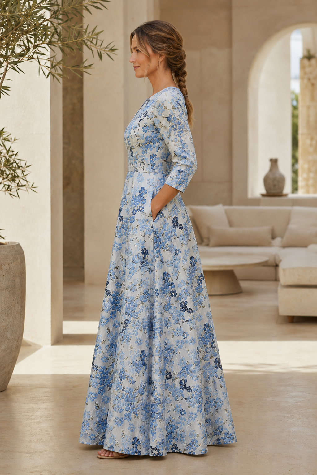 Vestido acampanado de jacquard floral con mangas tres cuartos