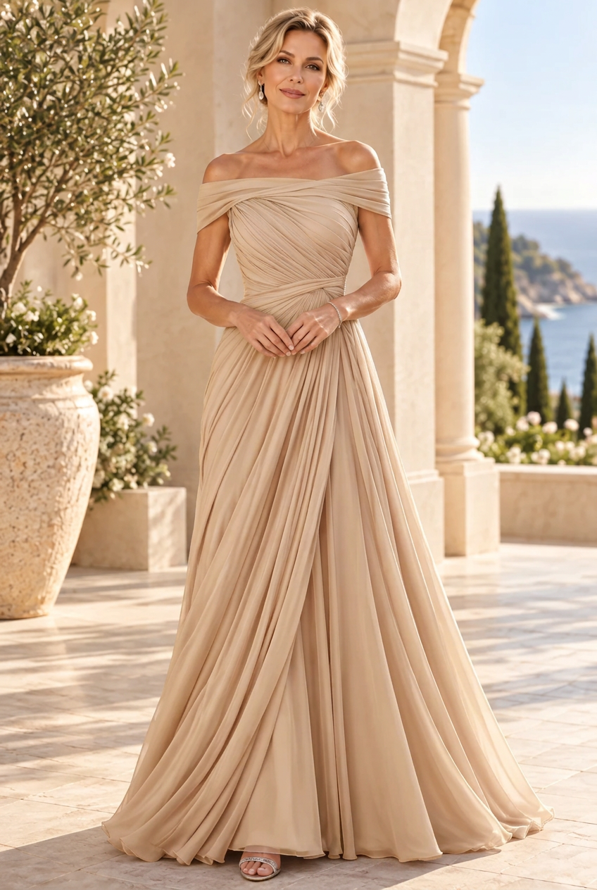 Off-the-Shoulder Pleated Chiffon A-Line Gown