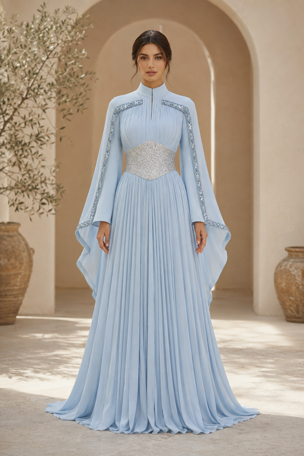 Vestido de Noche Acampanado de Gasa Plisada con Mangas Capa