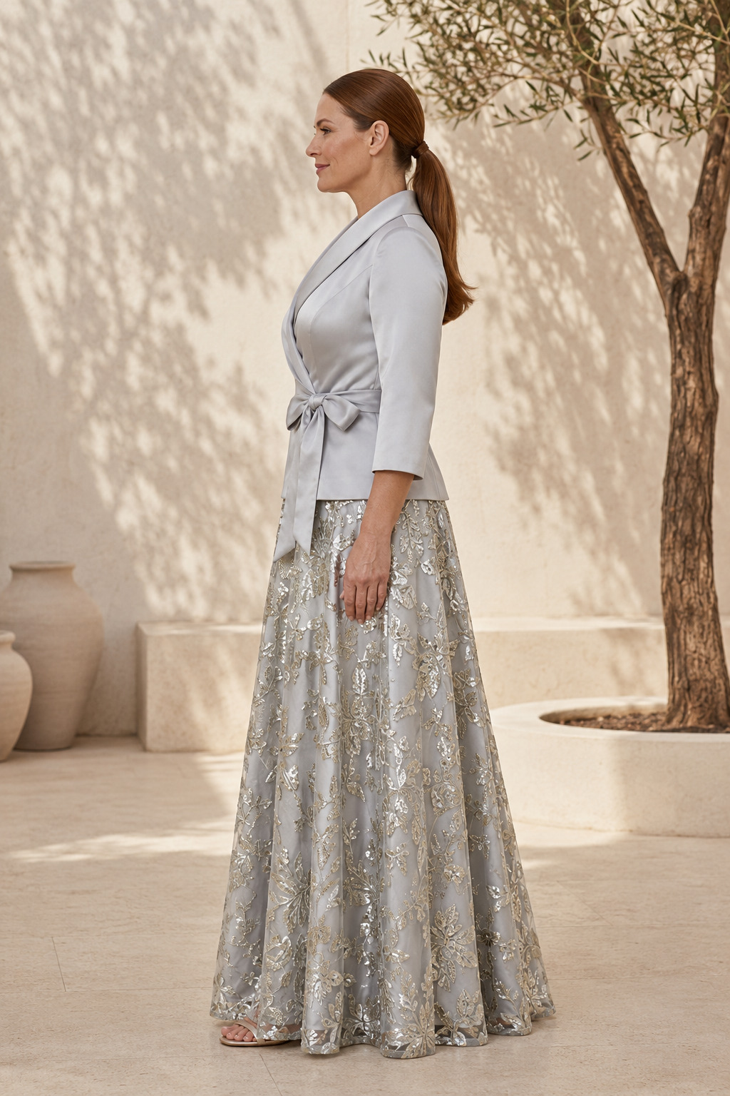 Conjunto de dos piezas de chaqueta cruzada y falda floral de lentejuelas
