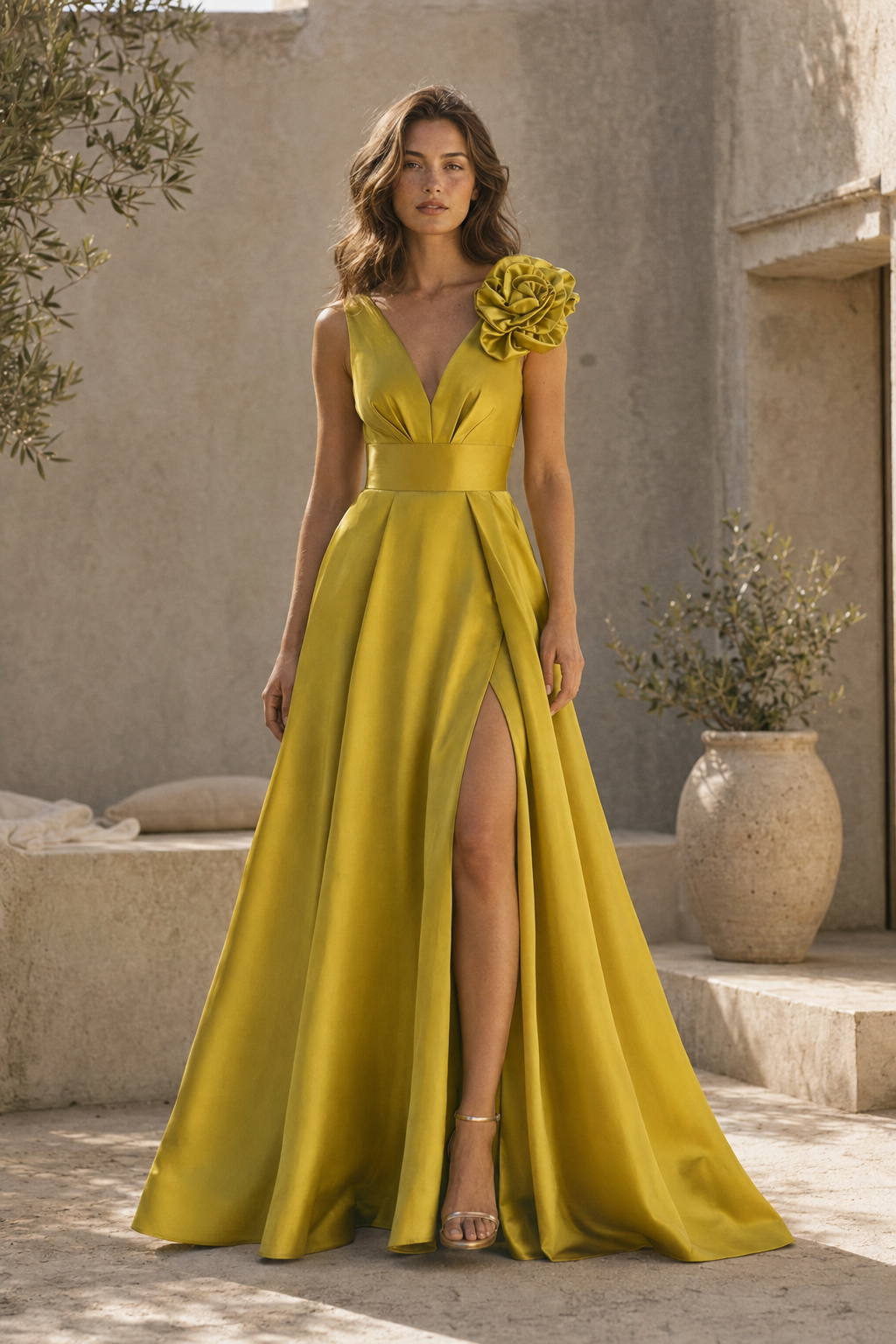 Vestido de raso corte A con rosetón 3D y abertura