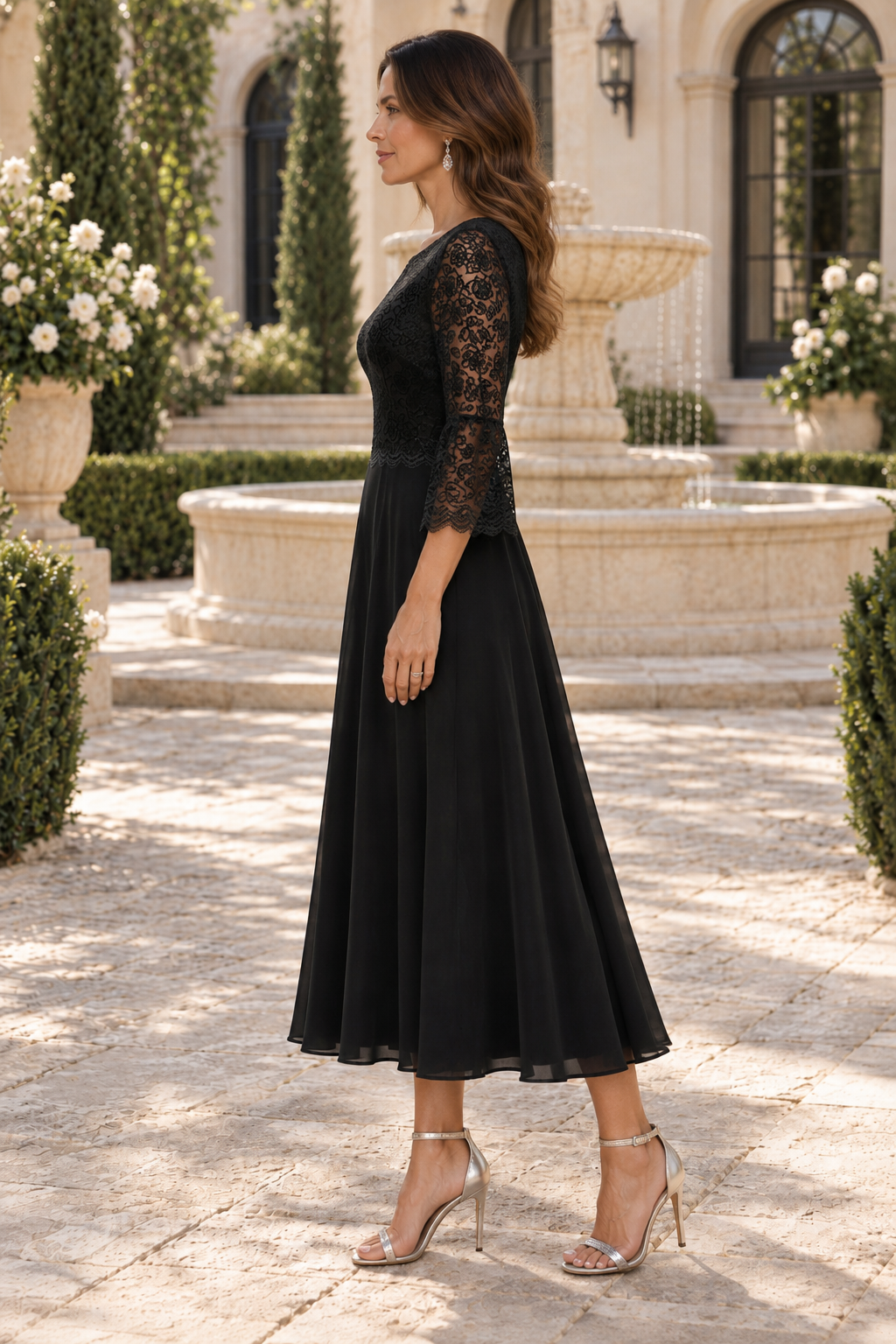 Vestido Midi Acampanado con Manga 3/4 y Corpiño de Encaje