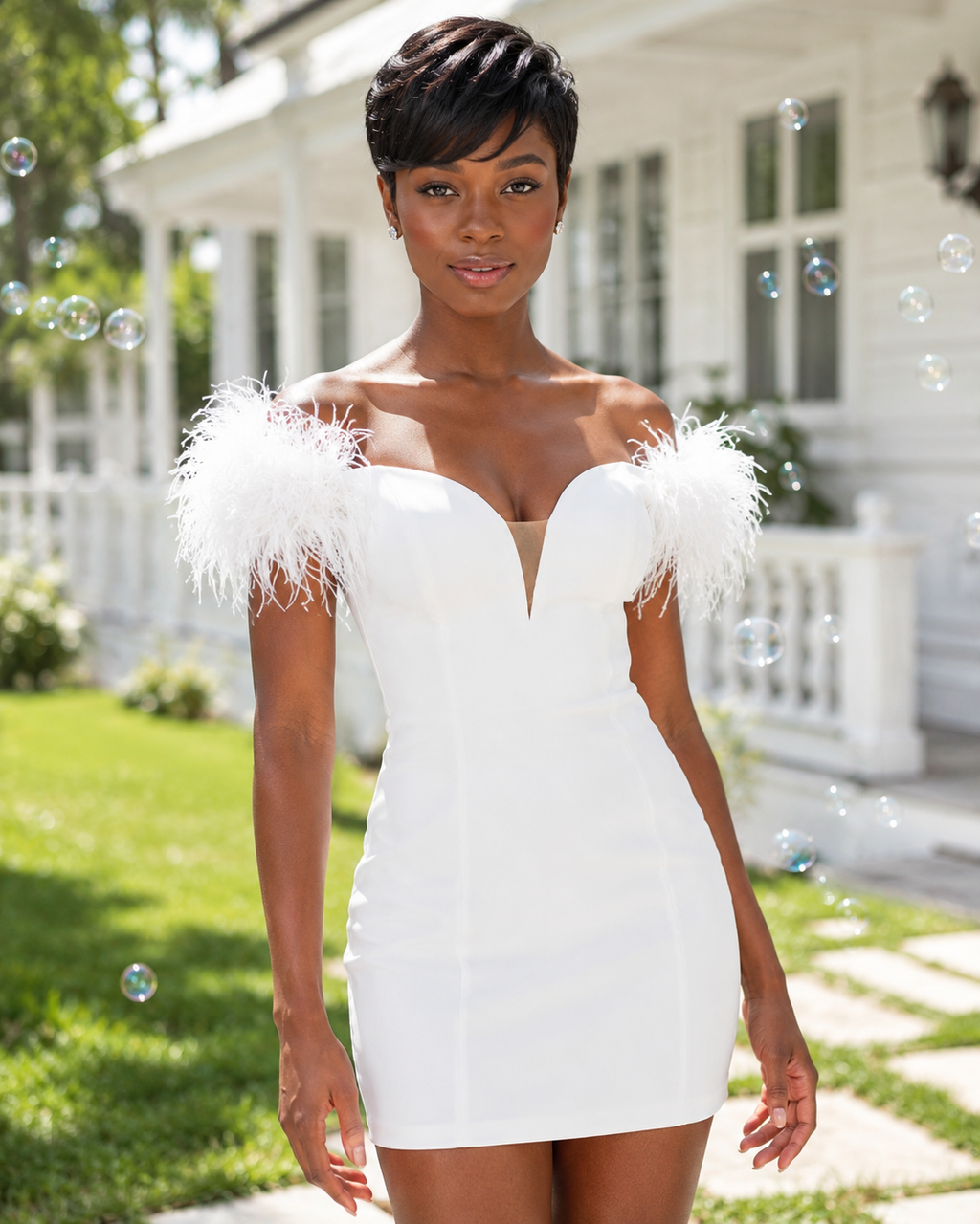 Minivestido ceñido con ribete de plumas y hombros descubiertos