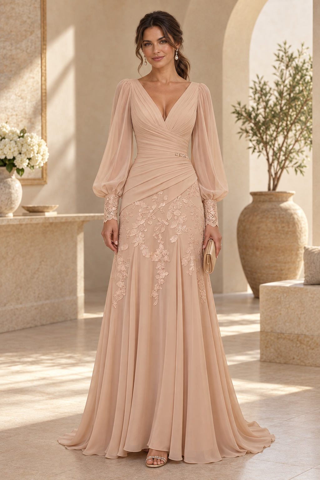 Ruched V-Neck Gown with Bishop Sleeves and Lace