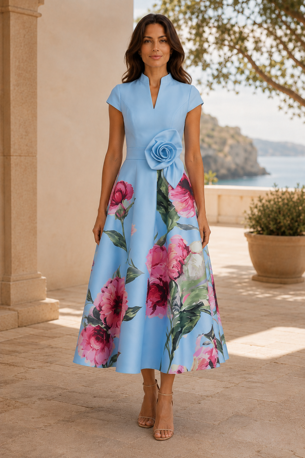 Vestido Midi Evasé Floral con Cintura de Roseta