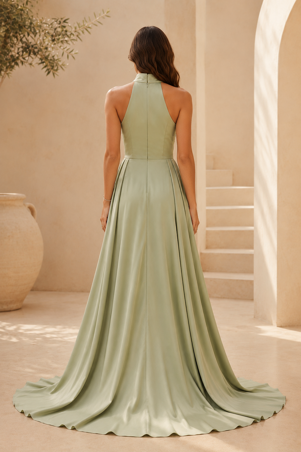 Vestido de noche de satén con cuello halter y falda de encaje