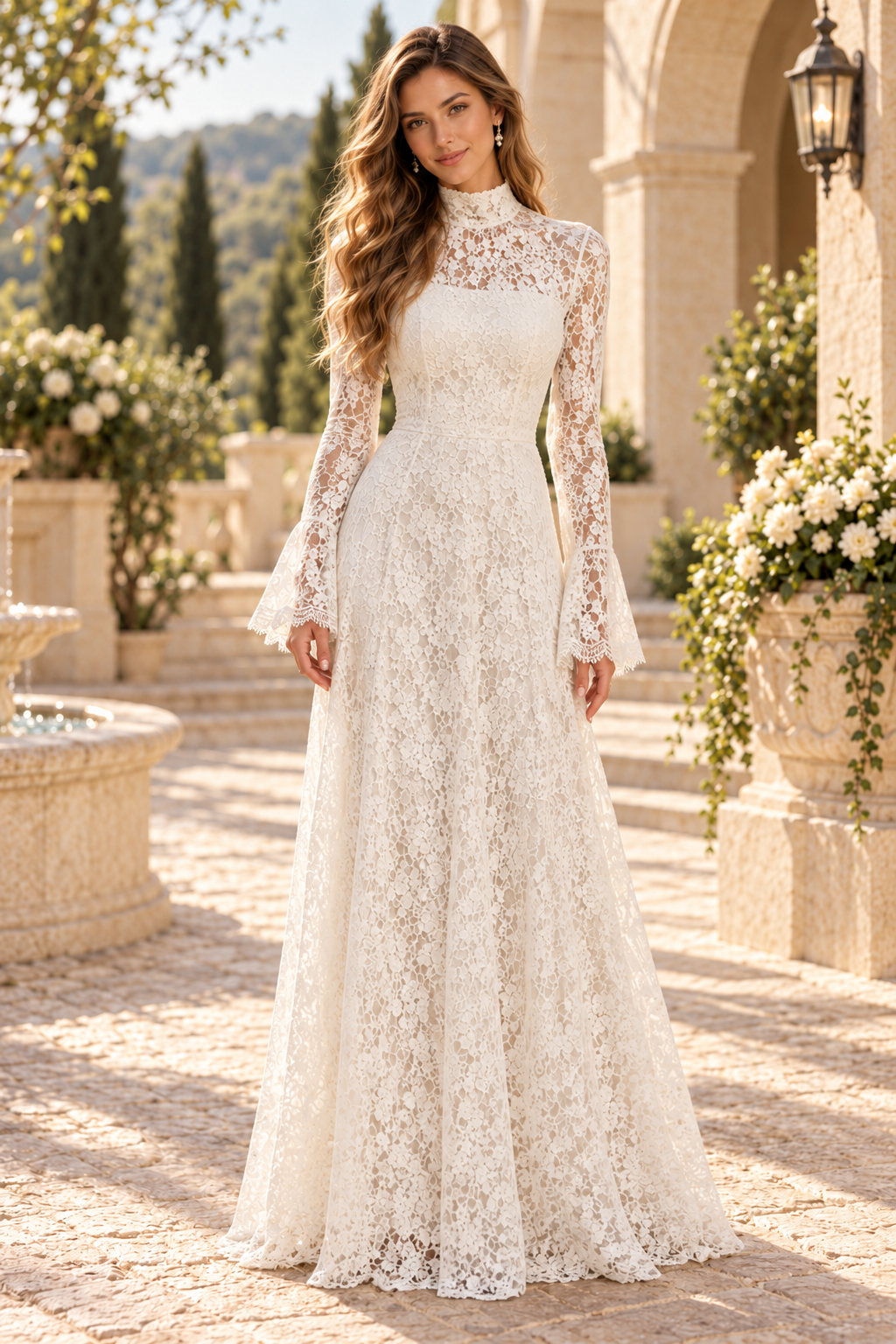 High Neck Lace A-Line Gown with Bell Sleeves