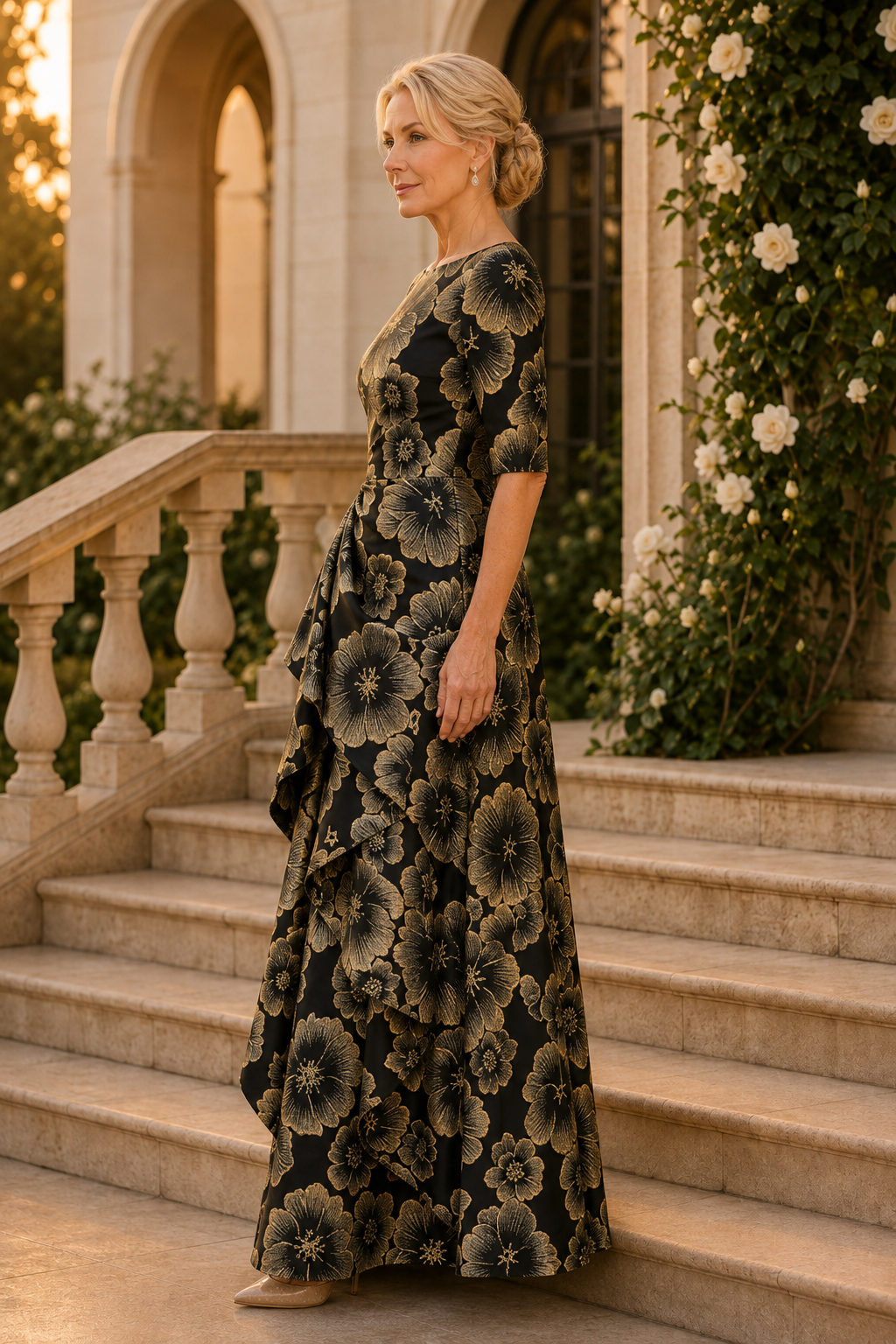 Vestido con falda A de jacquard floral con volante en cascada