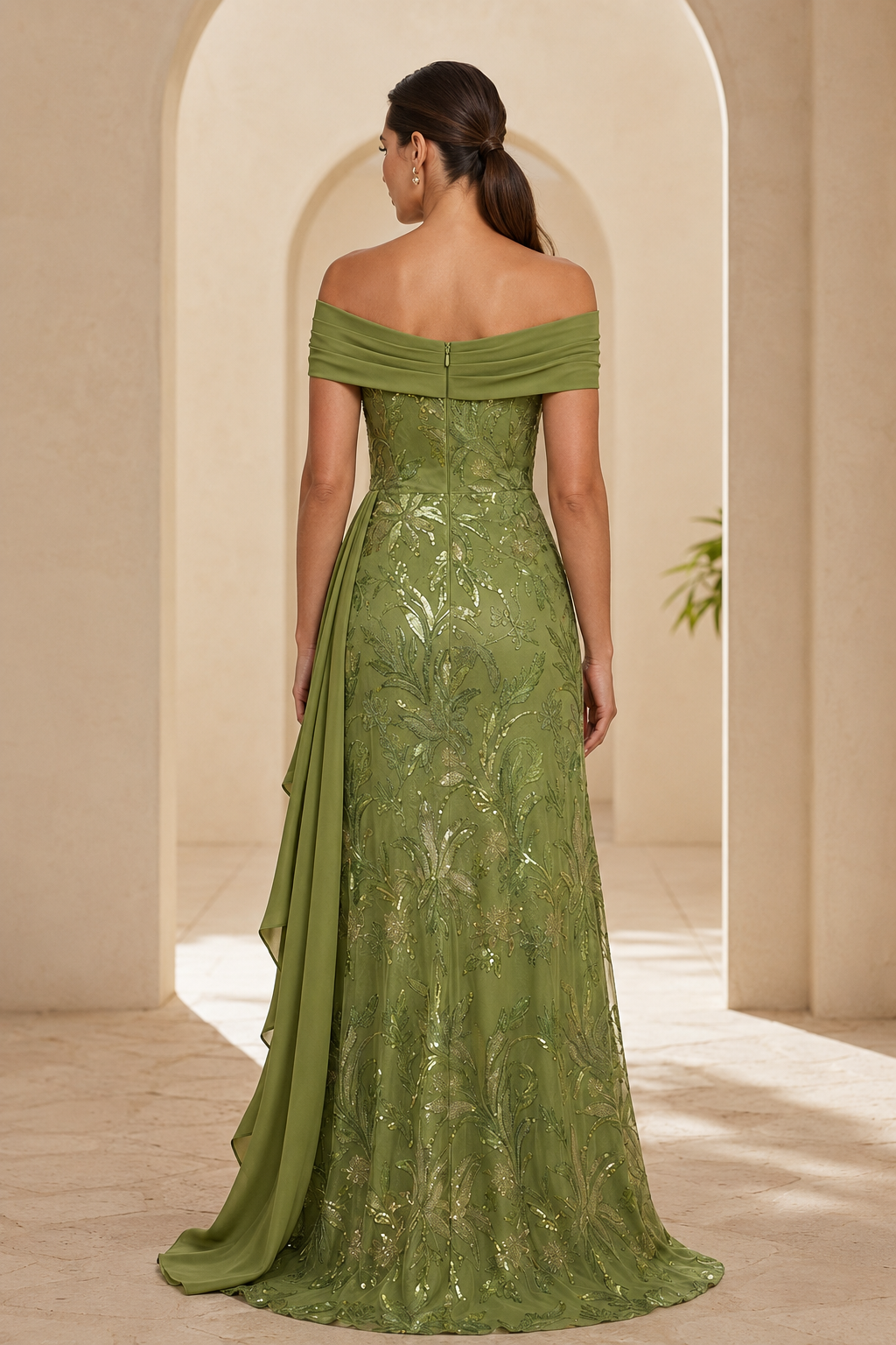 Vestido floral de lentejuelas con hombros descubiertos y cola de gasa