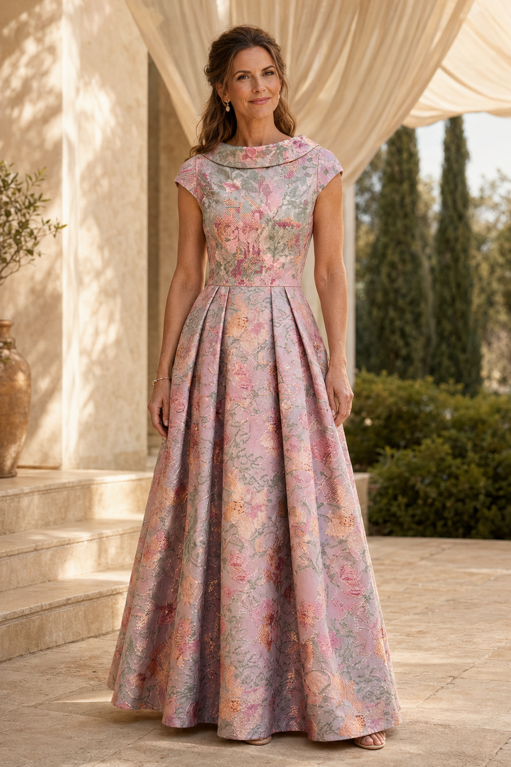 Vestido de Noche Acampanado con Pliegues, Mangas Cortas y Jacquard Floral