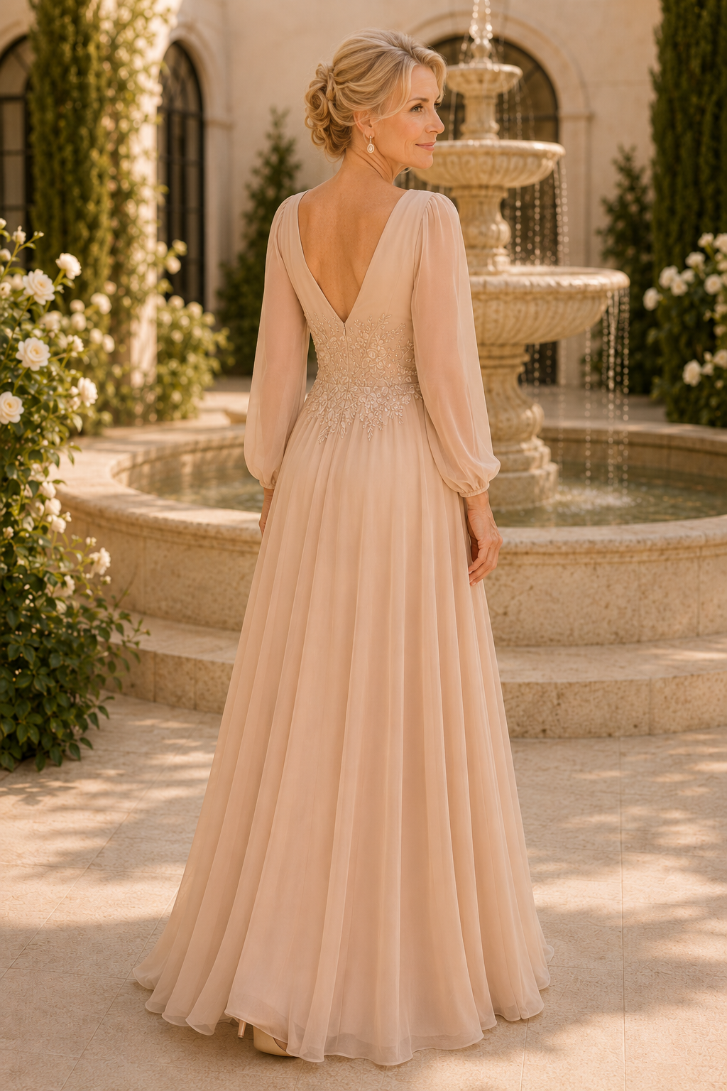 Vestido de gasa estilo A con mangas obispo largas