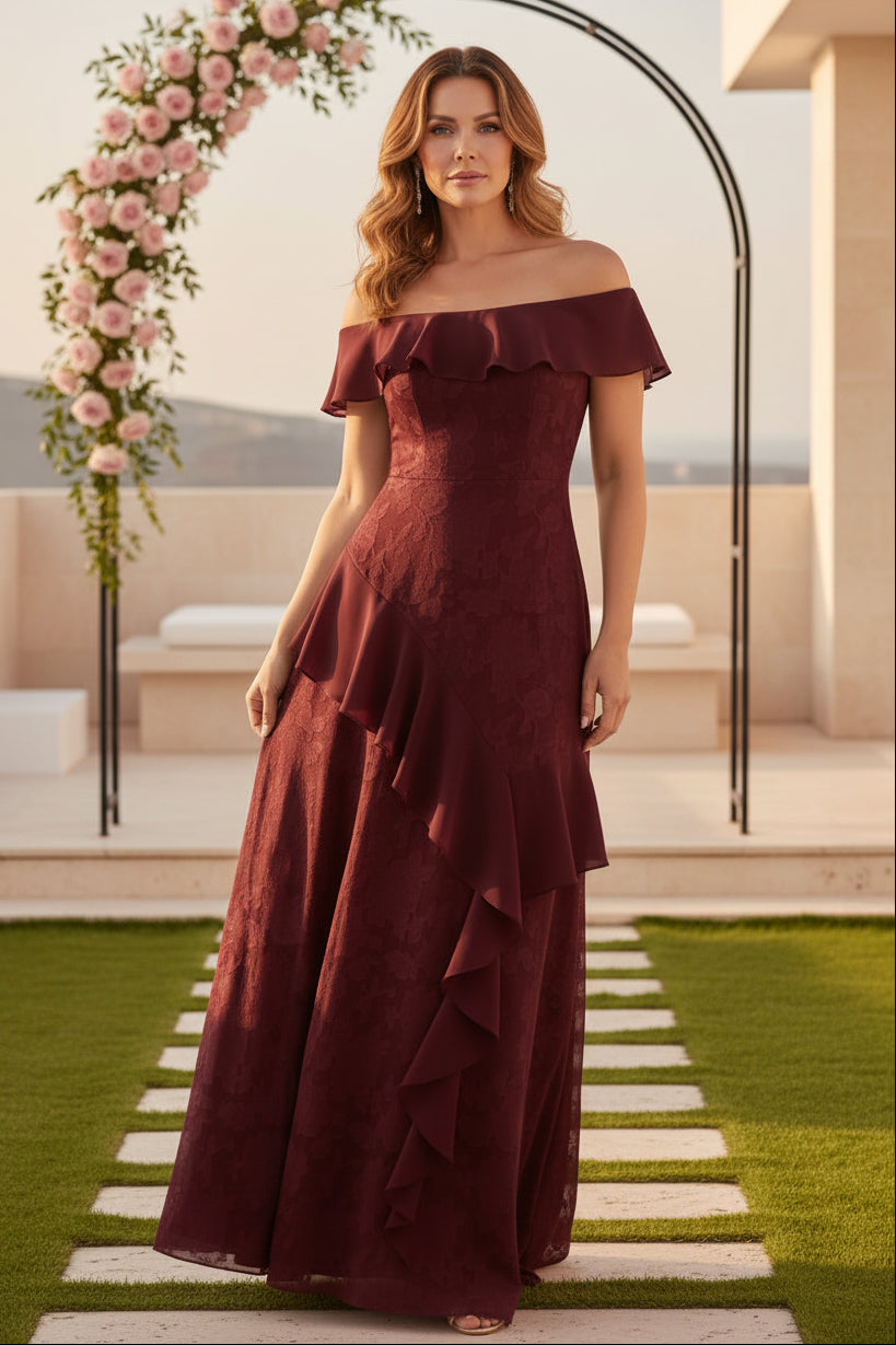 Vestido largo de jacquard con volantes y hombros descubiertos