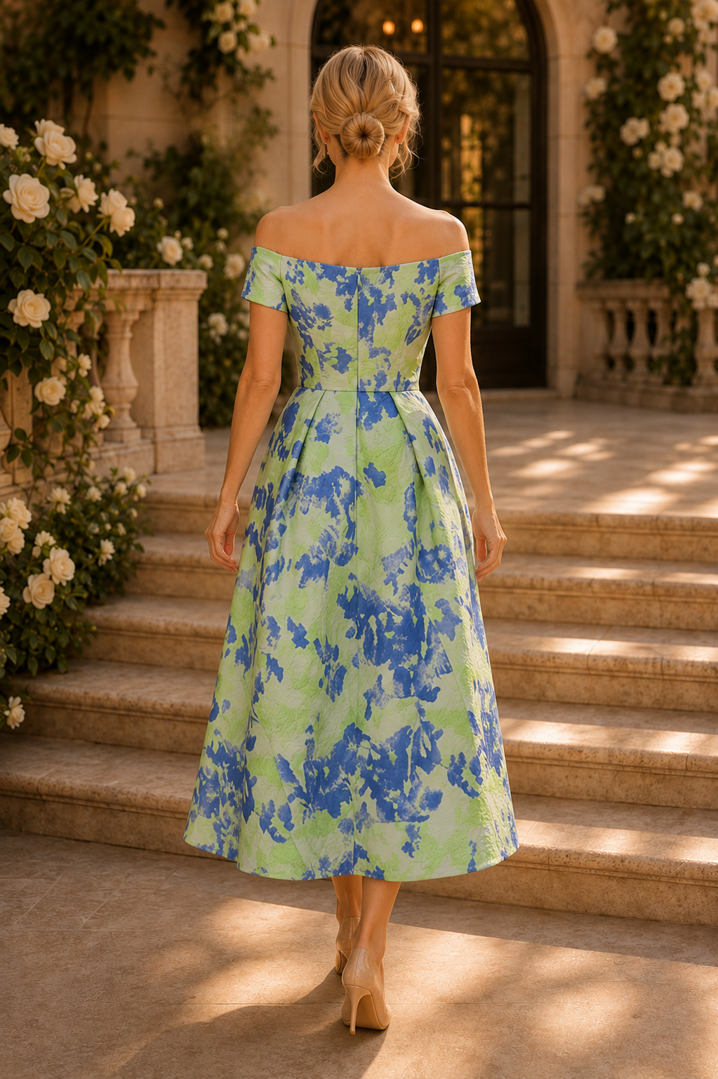 Vestido midi jacquard floral plisado con hombros descubiertos