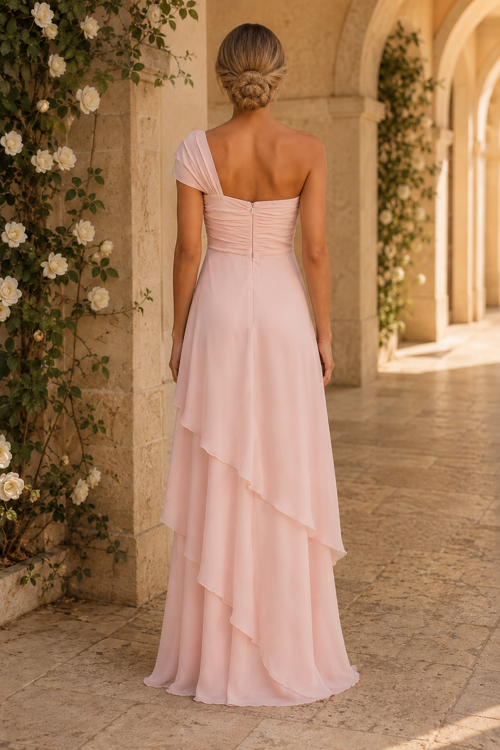 Vestido de gasa con volantes y un solo hombro