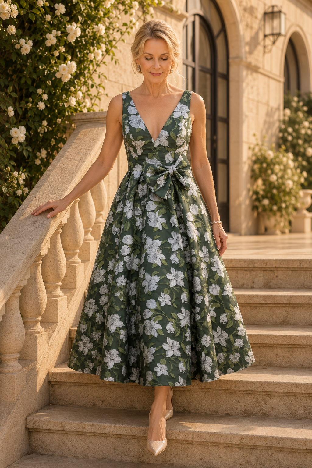 Vestido acampanado floral con escote en V pronunciado y lazo decorativo