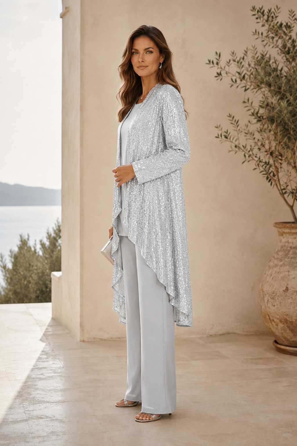 Pantalón con blusa y chaqueta larga de lentejuelas de tres piezas