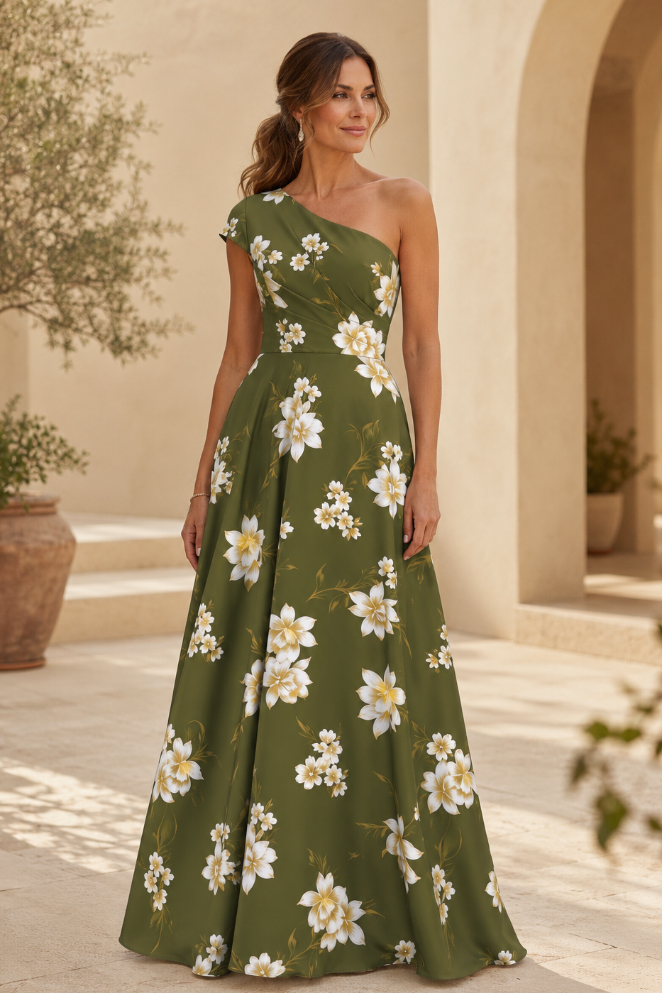Maxivestido asimétrico con estampado floral y un hombro