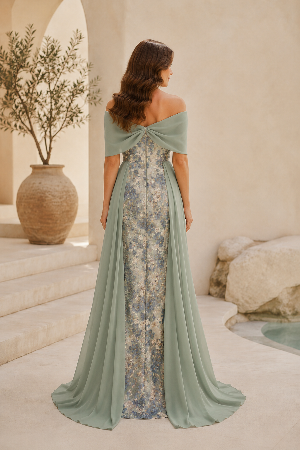 Vestido largo de jacquard floral con hombros descubiertos y sobrefalda de gasa