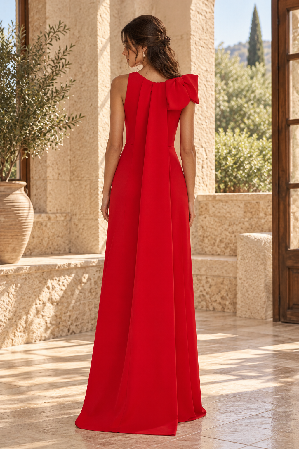 Bow Shoulder Drape Sleeveless Column Gown